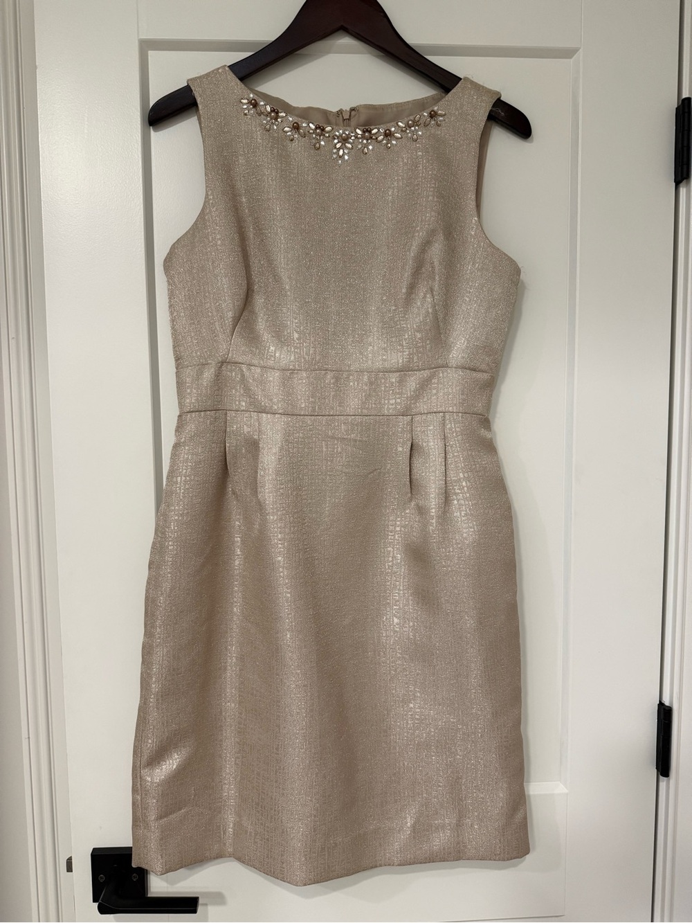 Tahari Sleeveless Metallic Cream Midi Dress with Beaded Neckline